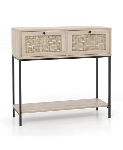 Sugift Rattan Console Table Boho Entryway Table with 2 Rattan Drawers and Open Storage Shelf-Oak