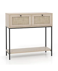 Sugift Rattan Console Table Boho Entryway Table with 2 Rattan Drawers and Open Storage Shelf-Oak