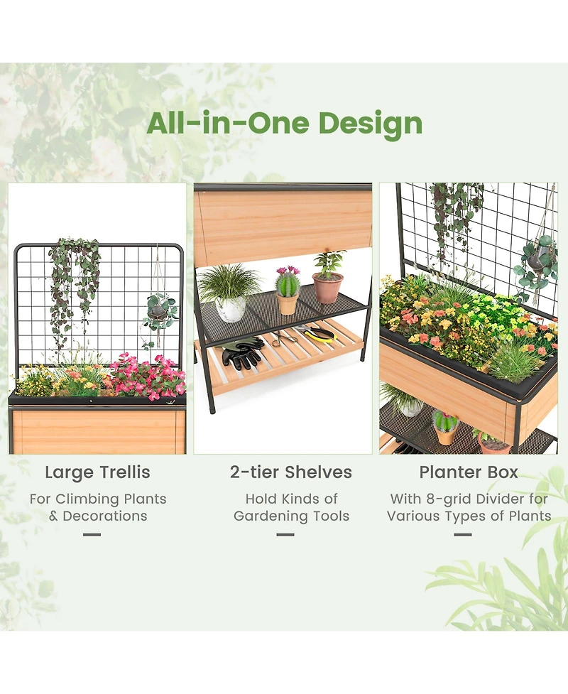 Sugift Raised Garden Bed with Trellis 2-tier Storage Shelves-Natural