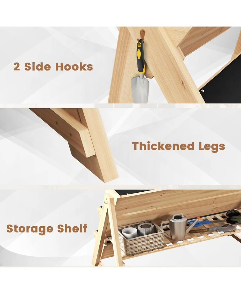 Sugift 3-Tier Garden Bed with Storage Shelf 2 Hanging Hooks and 3 Bed Liners