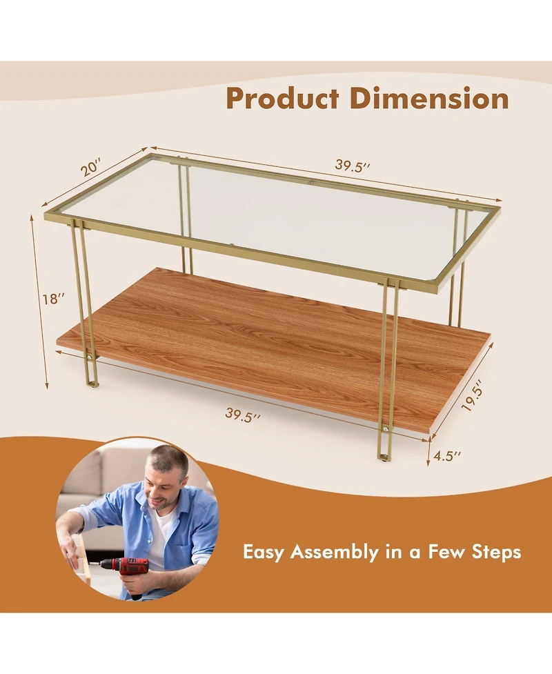 Skonyon 2 Tiers Rectangle Glass Coffee Table with White and Gold Steel Frame-Golden