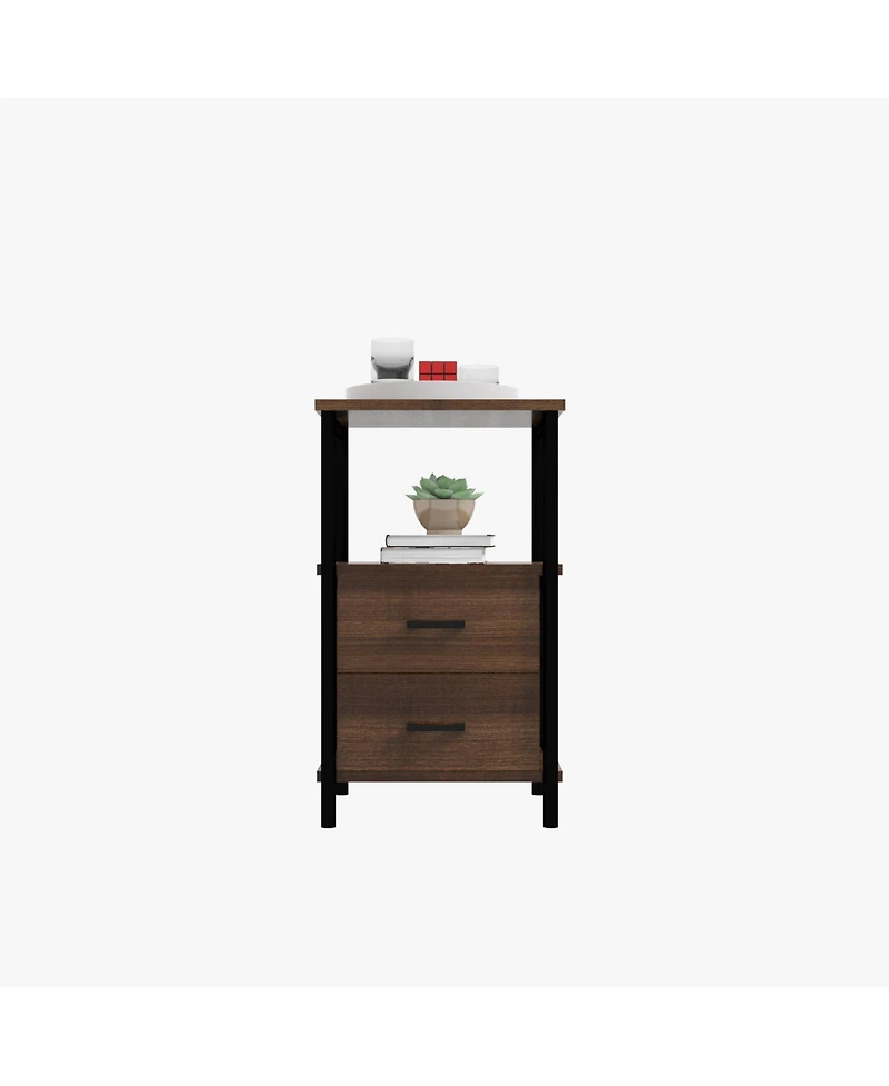 Skonyon 3-Tier Retro Nightstand with 2 Removable Fabric Drawers and Open Shelf-Walnut