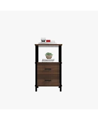Skonyon 3-Tier Retro Nightstand with 2 Removable Fabric Drawers and Open Shelf-Walnut