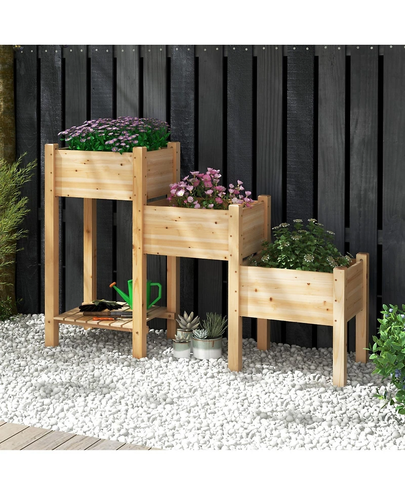 Sugift 3-Tier Wooden Raised Garden Bed with Open Storage Shelf-Natural