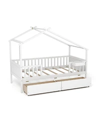 Skonyon Twin House Bed with 2 Storage Drawers and Roof & Fence Rails-White