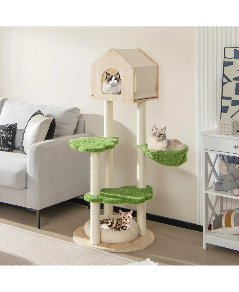 Skonyon 55 Inch Tall Cat Climbing Stand with Sisal Scratching Posts and Soft Cat Bed for Indoor Kittens-Green
