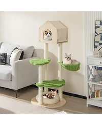 Skonyon 55 Inch Tall Cat Climbing Stand with Sisal Scratching Posts and Soft Cat Bed for Indoor Kittens-Green