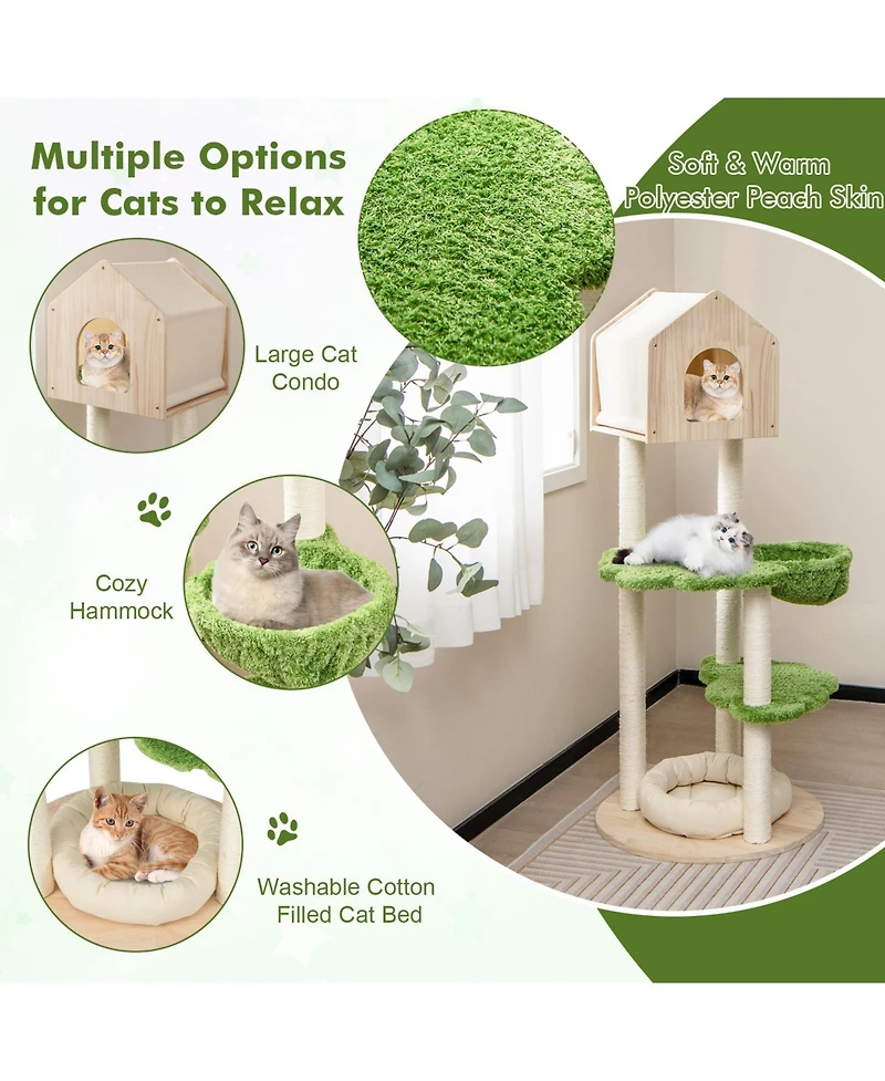 Skonyon 55 Inch Tall Cat Climbing Stand with Sisal Scratching Posts and Soft Cat Bed for Indoor Kittens-Green