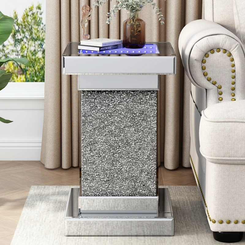 Streamdale Mirrored End Table with Led Lights, Crushed Diamond Accent