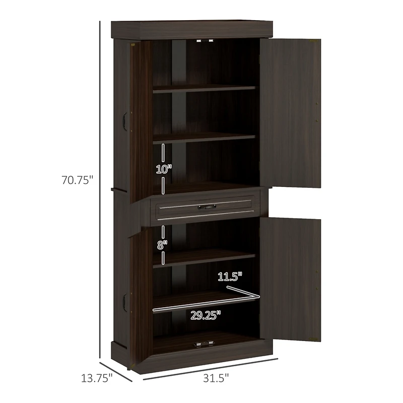 Freestanding Kitchen Pantry with 4 Doors, Cabinets, and Drawer