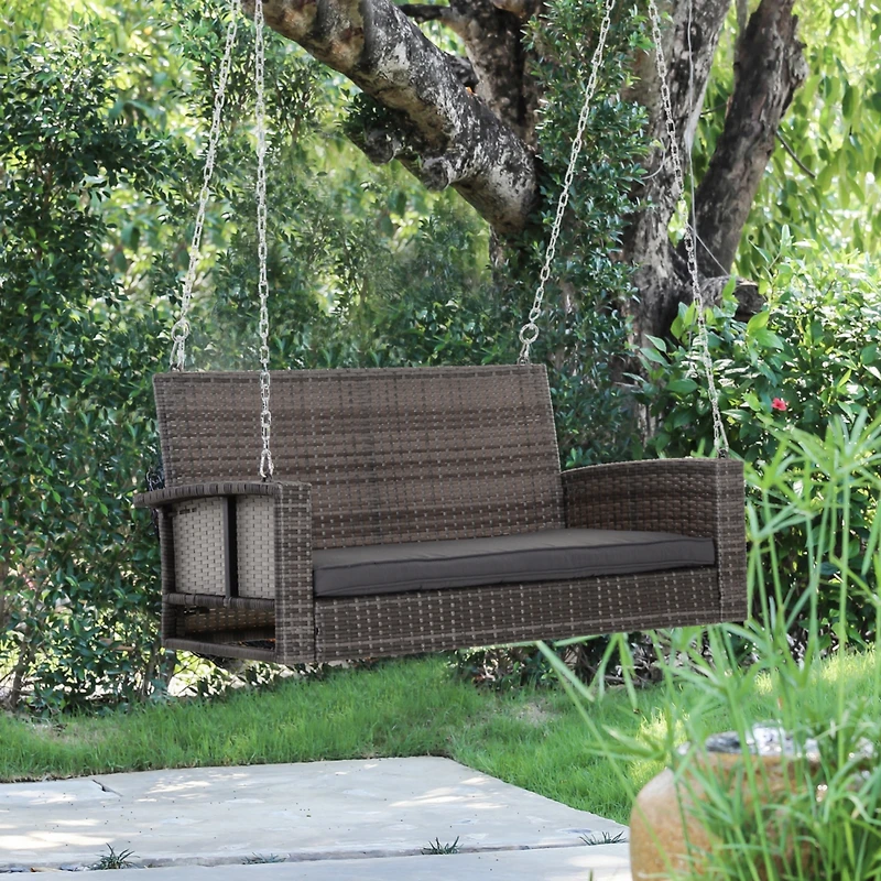 2-Person Wicker Swing Bench with Cushions