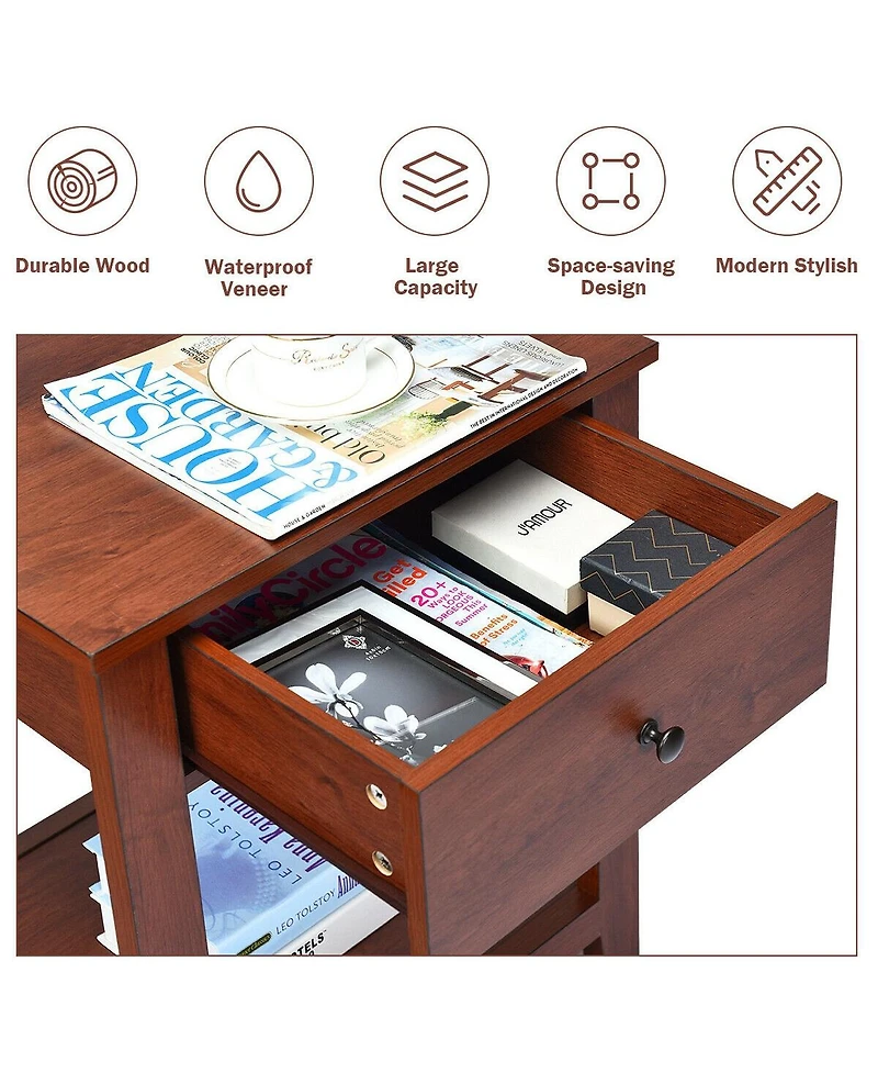 Sugift Set of 2 Nightstand with Storage Shelf and Pull Handle