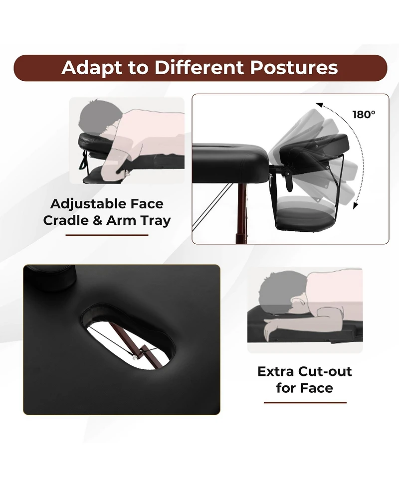 Sugift Folding Massage Table with Height-adjustable Beech Wood Frame-Black