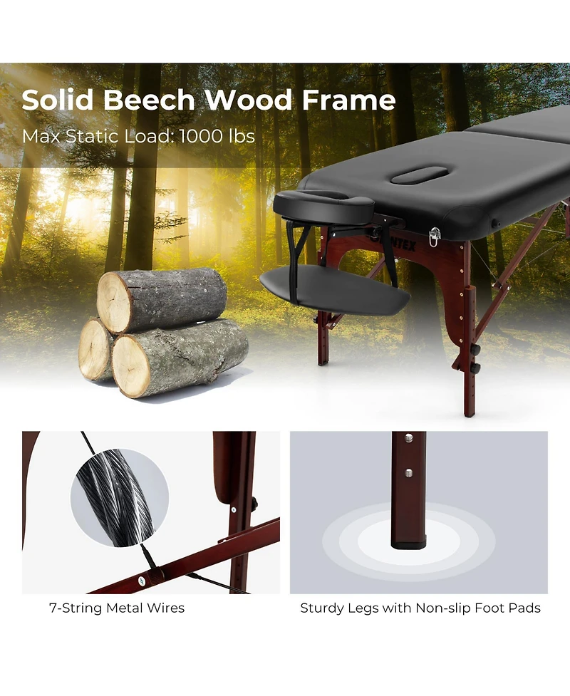Sugift Folding Massage Table with Height-adjustable Beech Wood Frame-Black