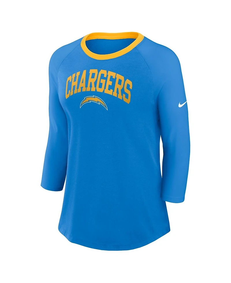 Nike Women's Powder Blue Los Angeles Chargers Raglan 3/4 Sleeve T-Shirt