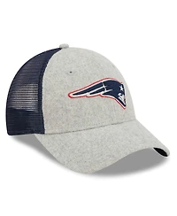 New Era Men's Heather Gray/Navy New England Patriots Pop Trucker 9FORTY Adjustable Hat
