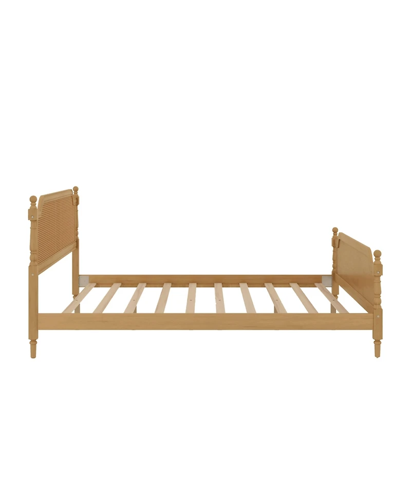 Traditional Style Rattan King Size Bed Frame,No Box Spring Needed,Antique Walnut