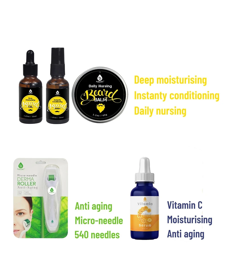 Pursonic Beard Care Grooming Kit, Micro Needle Derma Roller 0.5 mm, and Vitamin C Serum (3 fl. oz) Gift Bundle
