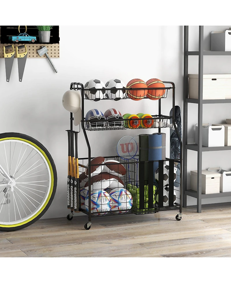 Sugift Garage Sports Equipment Organizer with Hooks & Baskets for Basketball