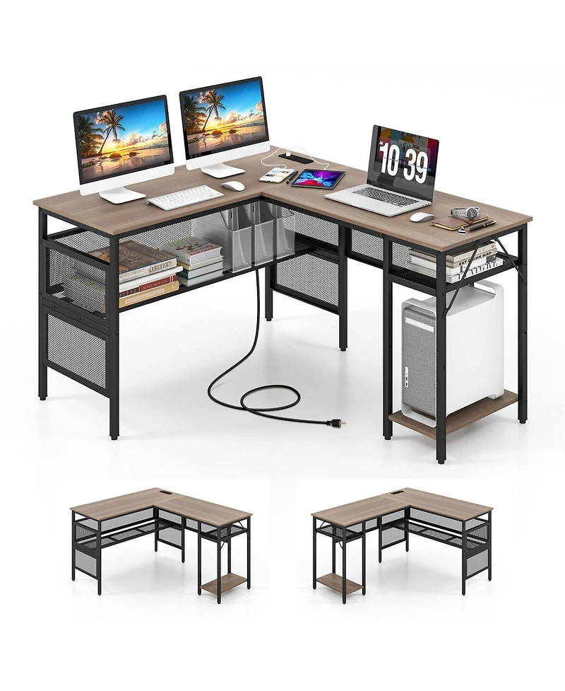Skonyon L-Shaped Computer Desk with Charging Station and Adjustable Shelf-Gray
