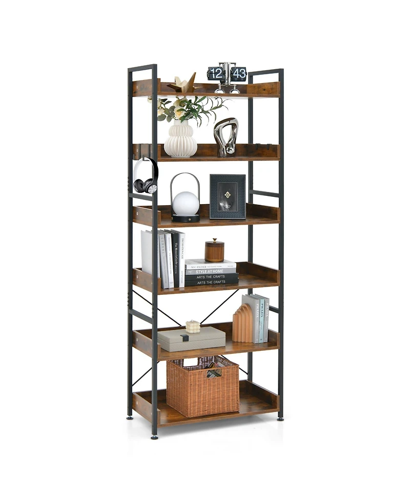 Skonyon 6-Tier Tall Industrial Bookcase with Open Shelves and 4 Hooks-Brown