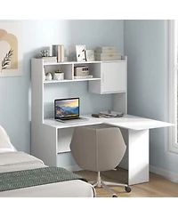 Skonyon L-Shaped Desk Corner Computer Desk with Open Storage Hutch and Cabinet-White