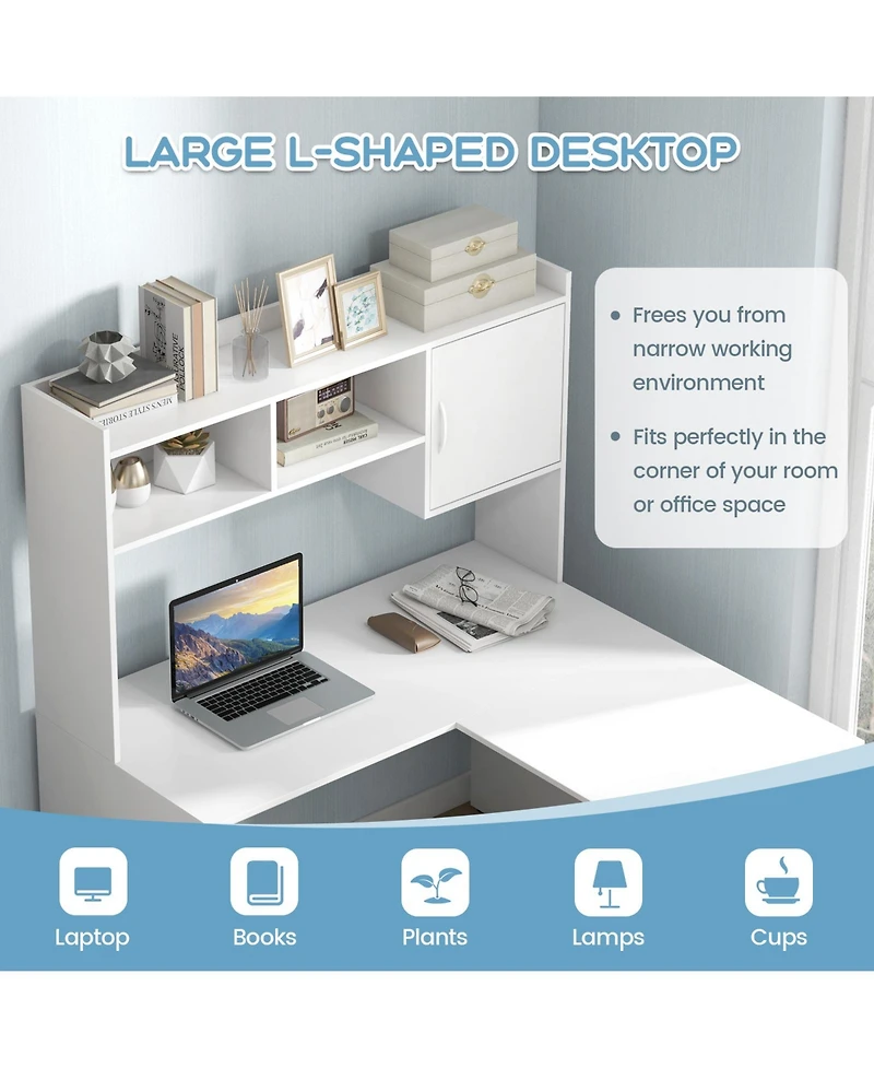 Skonyon L-Shaped Desk Corner Computer Desk with Open Storage Hutch and Cabinet-White
