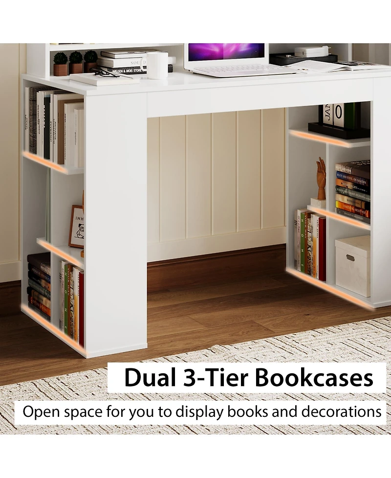 Skonyon Computer Desk with Dual 3-Tier Bookshelf and Monitor Shelf-White