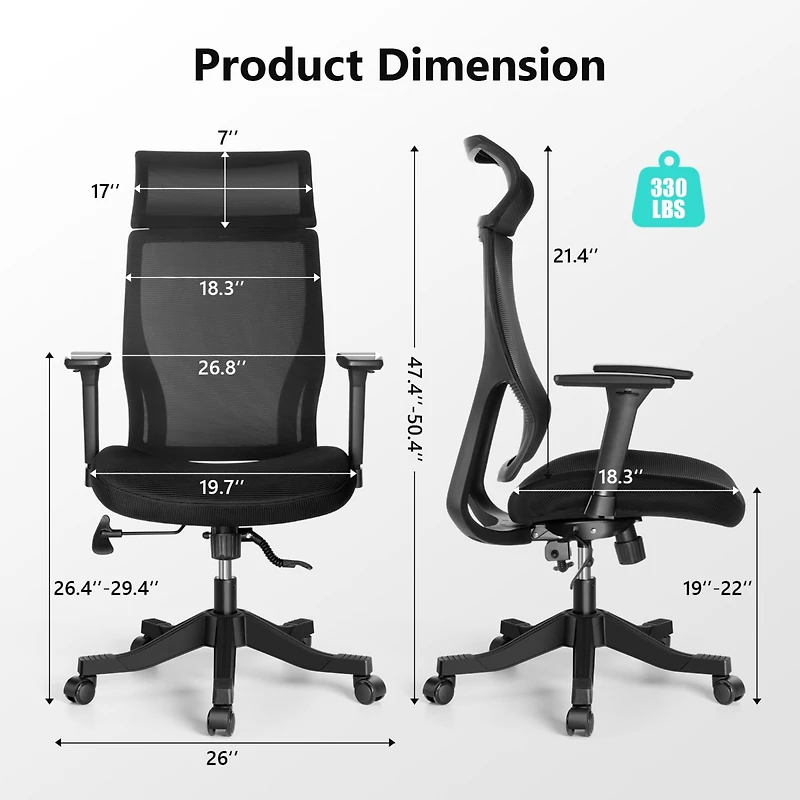 Mesh Office Chair Ergonomic Recliner Chair with 3D Adjustable Armrests & Lumbar Support