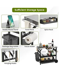 Sugift 3 Tiers Foldable Outdoor Cart on 2 Wheels with Phone Holder-Black