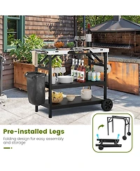 Sugift 3 Tiers Foldable Outdoor Cart on 2 Wheels with Phone Holder-Black