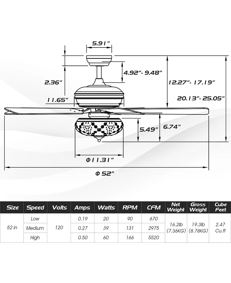 Sugift 52 Inch Ceiling Fan with 3 Wind Speeds and 5 Reversible Blades