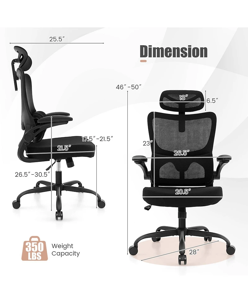Mesh Office Chair with Adaptive Lumbar Support Flip-up Armrests Reclining Backrest-Black