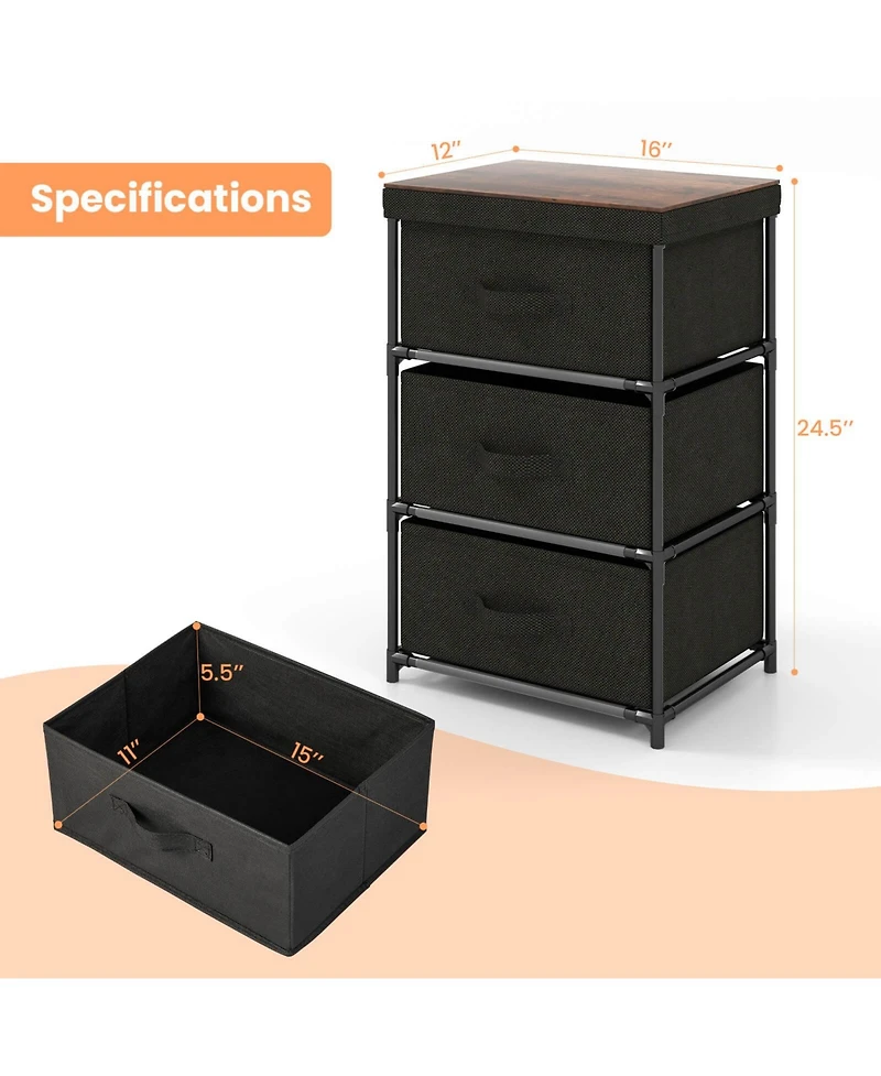 3-Tier Fabric Nightstand with Sturdy Metal Frame-Black