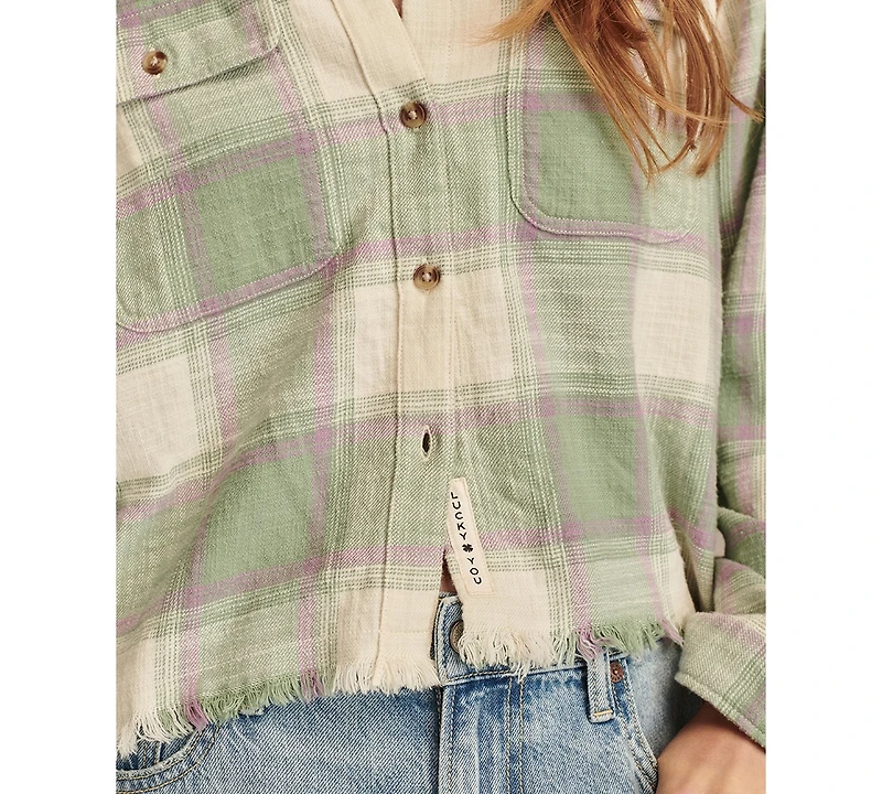 Lucky Brand Women's Cotton Raw Edge Plaid Cropped Button Down Top