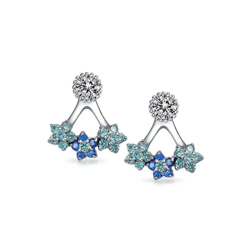 Bling Jewelry Aqua Blue Cubic Zirconia Flower Fan Cz Ear Back Front Stud Jacket Earrings Sterling Silver
