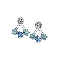 Bling Jewelry Aqua Blue Cubic Zirconia Flower Fan Cz Ear Back Front Stud Jacket Earrings Sterling Silver