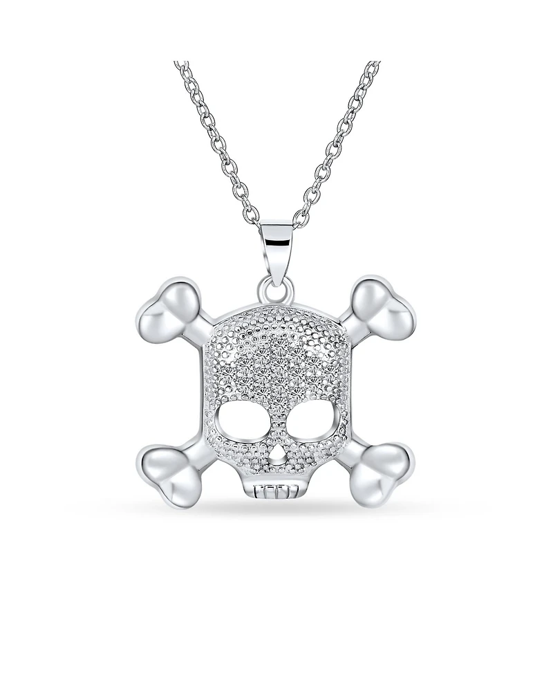 Bling Jewelry Goth Biker Chick Pirate Skull And Crossbones Pave Cubic Zirconia Cz Pendant Necklace Sterling Silver