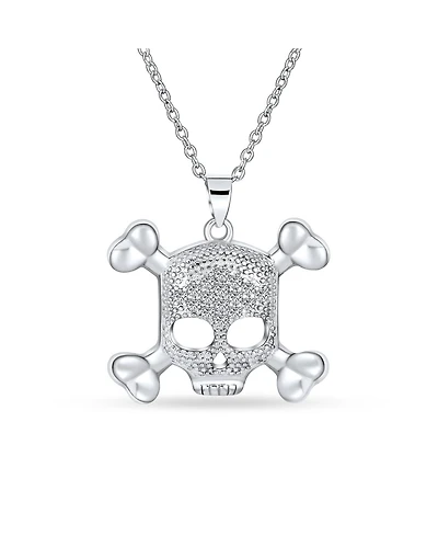 Bling Jewelry Goth Biker Chick Pirate Skull And Crossbones Pave Cubic Zirconia Cz Pendant Necklace Sterling Silver