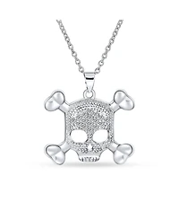 Bling Jewelry Goth Biker Chick Pirate Skull And Crossbones Pave Cubic Zirconia Cz Pendant Necklace Sterling Silver