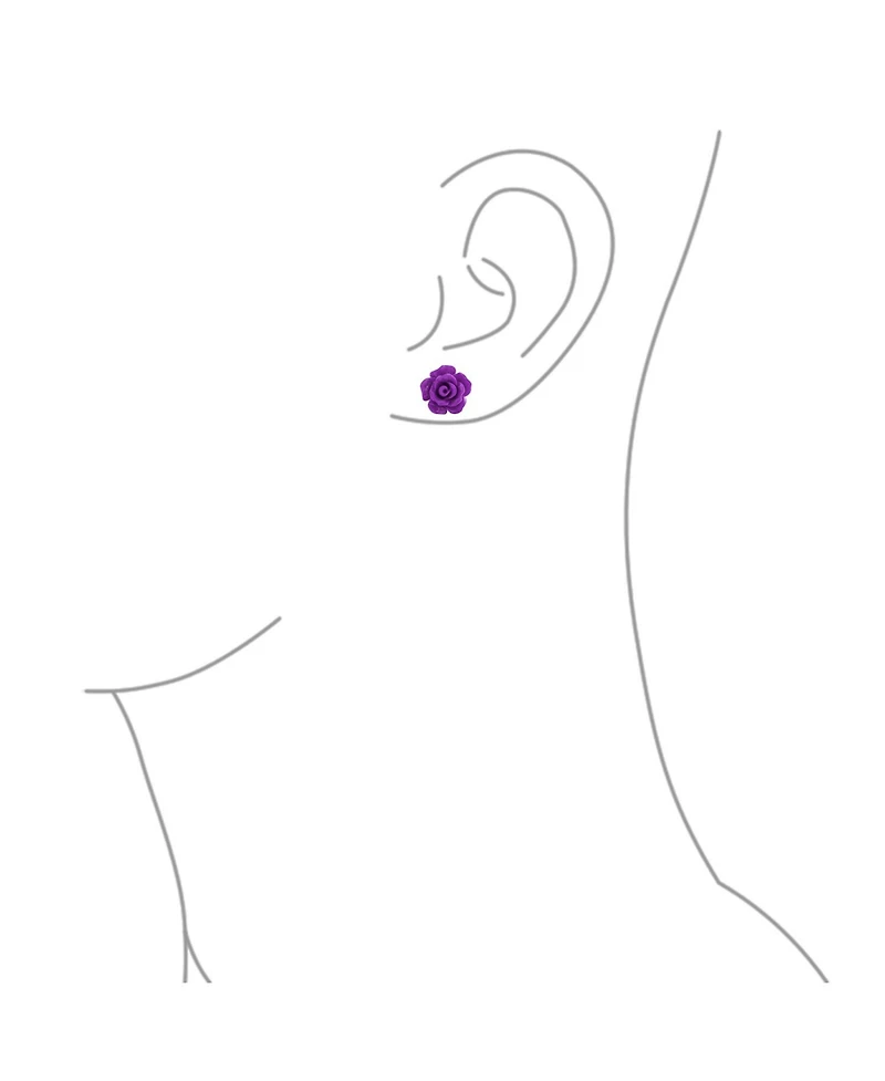 Bling Jewelry Set of 3 Delicate Floral Blooming 3D carved Pink Purple White Rose Flower Stud Earrings Mother Silver Plated