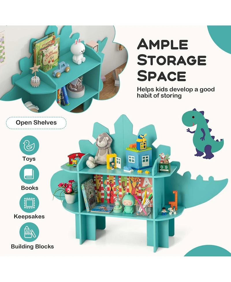 Dinosaur Bookcase for Kids 2-Tier Toy Storage Organizer with Open Storage Shelves