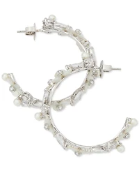 Kate Spade New York Silver-Tone Medium Cubic Zirconia, Imitation Pearl & Mother-of-Pearl Flower C-Hoop Earrings, 1.63"