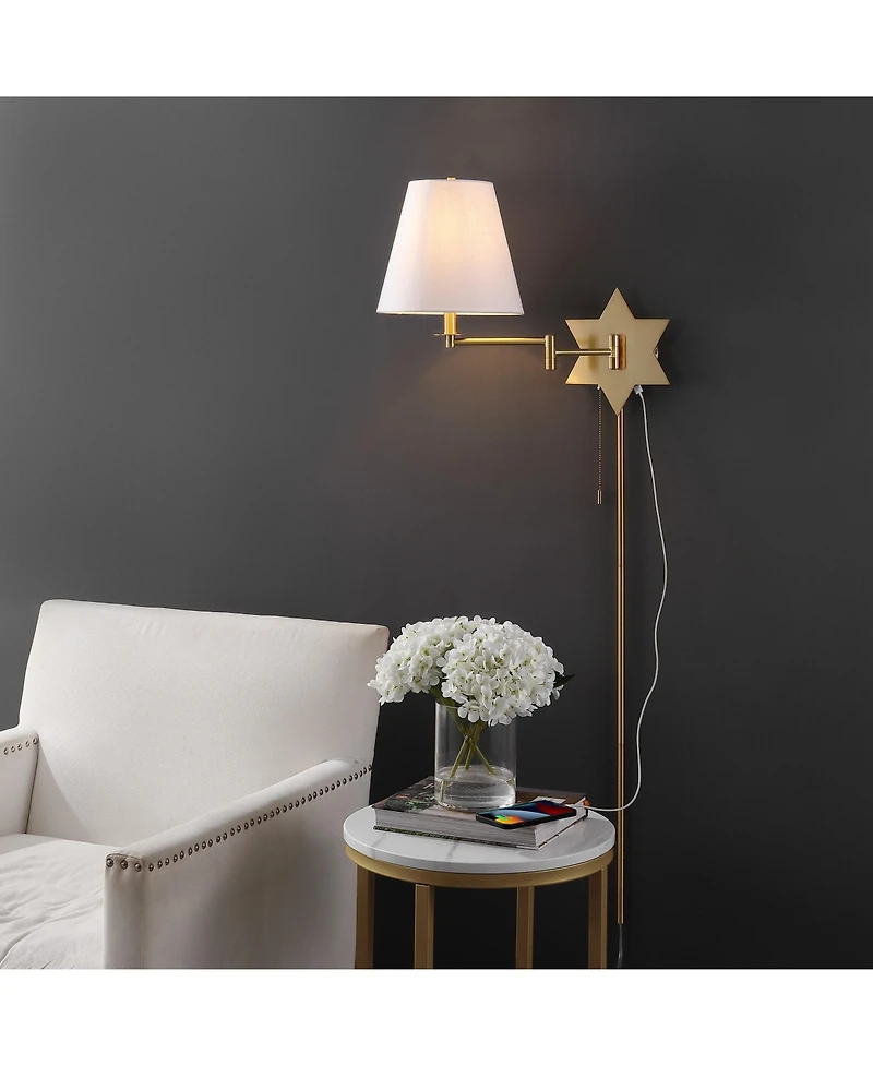 Jonathan Y David 18.5" 1-Light Modern French Country Swing Arm Plug-In or Hardwired Iron Led Star Wall Sconce with Pull-Chain and Usb Charging Port