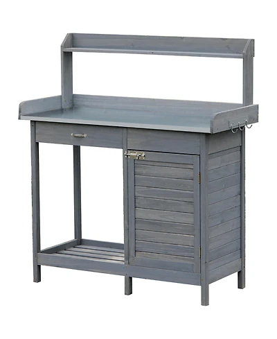 Outdoor Potting Table with Storage and Steel Top, Gray