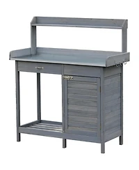Outdoor Potting Table with Storage and Steel Top, Gray