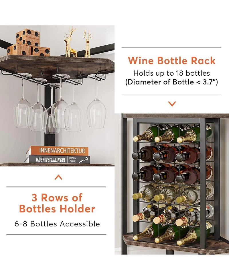Tribesigns Corner Wine Rack with Glass Holder and Storage Shelves, 4 Tier Corner Bar Corner Wine Cabinet, Industrial Corner Wine Shelf for Living Room