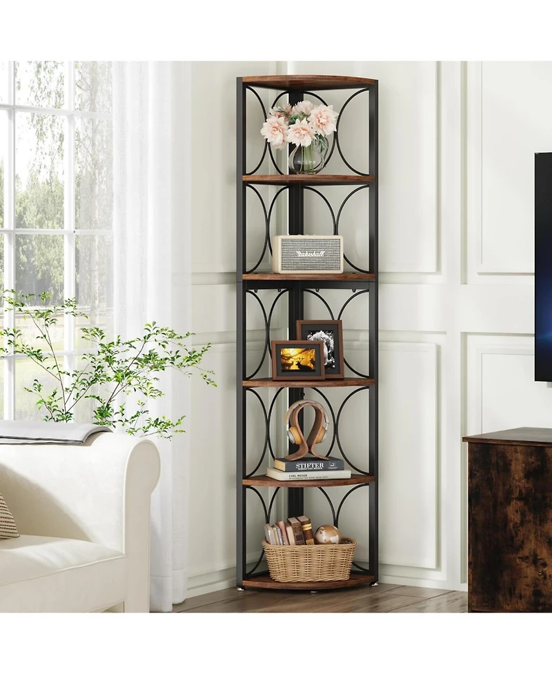 Tribesigns 67 inch Tall Corner Shelf, 6 Tier Rustic Corner Bookshelf Bookcase Storage Rack Standing Shelving Unit for Living Room, Small Space