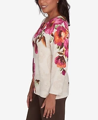 Alfred Dunner Petite Wine Country Watercolor Floral Beaded Split Neck Top