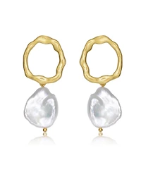 Sterling Silver Gold Plated with Genuine Freshwater Round Pearl Drop Earrings